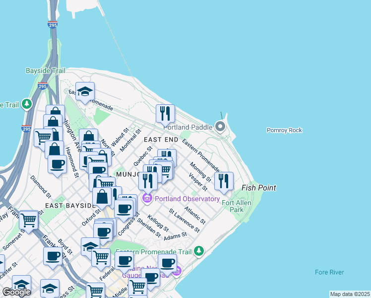 map of restaurants, bars, coffee shops, grocery stores, and more near 216 Eastern Promenade in Portland