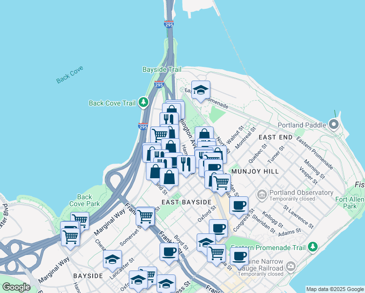 map of restaurants, bars, coffee shops, grocery stores, and more near 203 Anderson Street in Portland