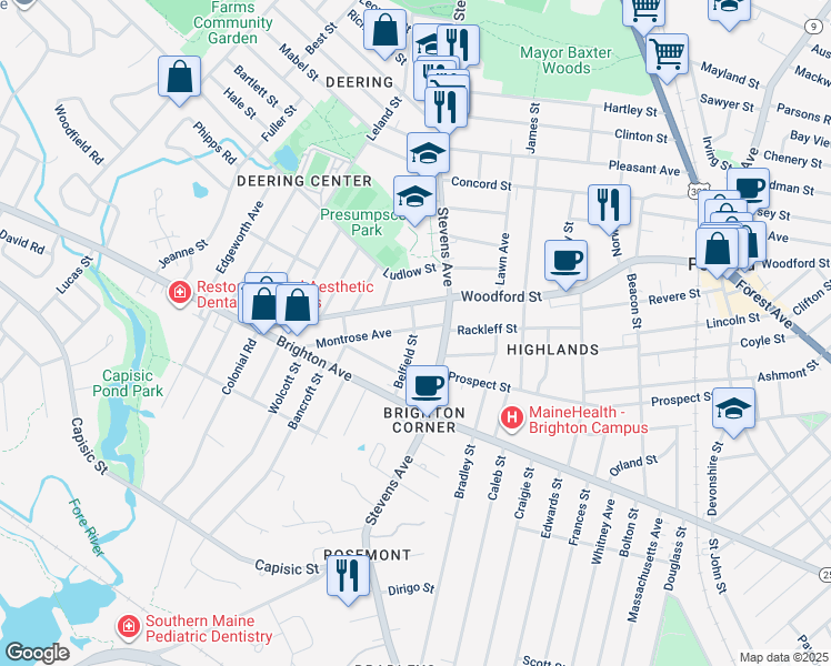 map of restaurants, bars, coffee shops, grocery stores, and more near 400 Woodford Street in Portland