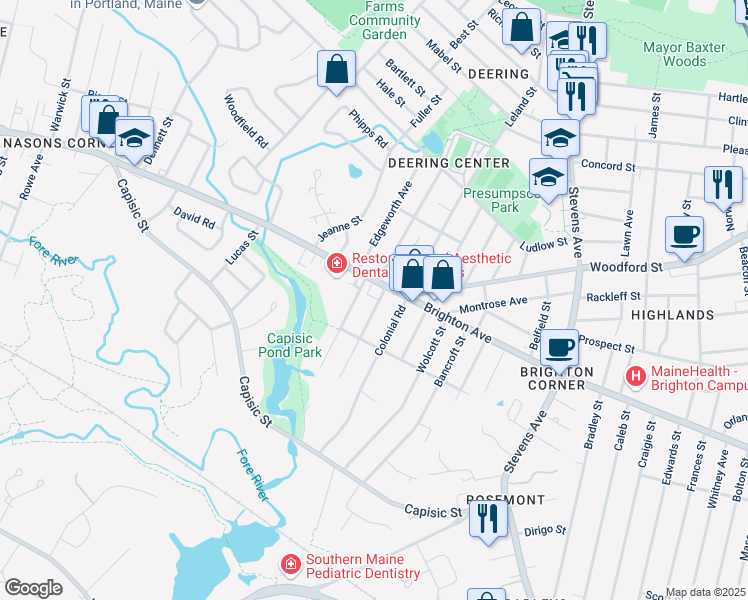 map of restaurants, bars, coffee shops, grocery stores, and more near 611 Brighton Avenue in Portland