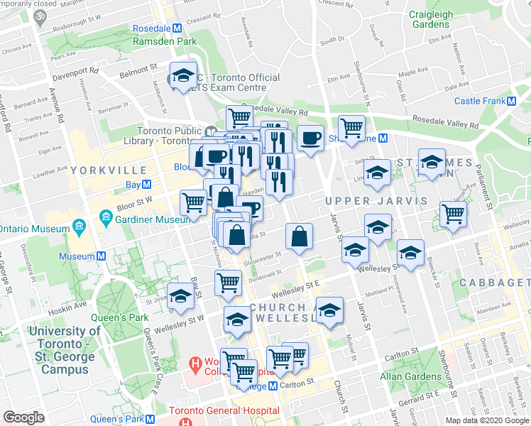 map of restaurants, bars, coffee shops, grocery stores, and more near in Toronto