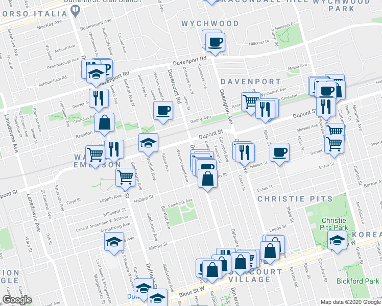 map of restaurants, bars, coffee shops, grocery stores, and more near in Toronto