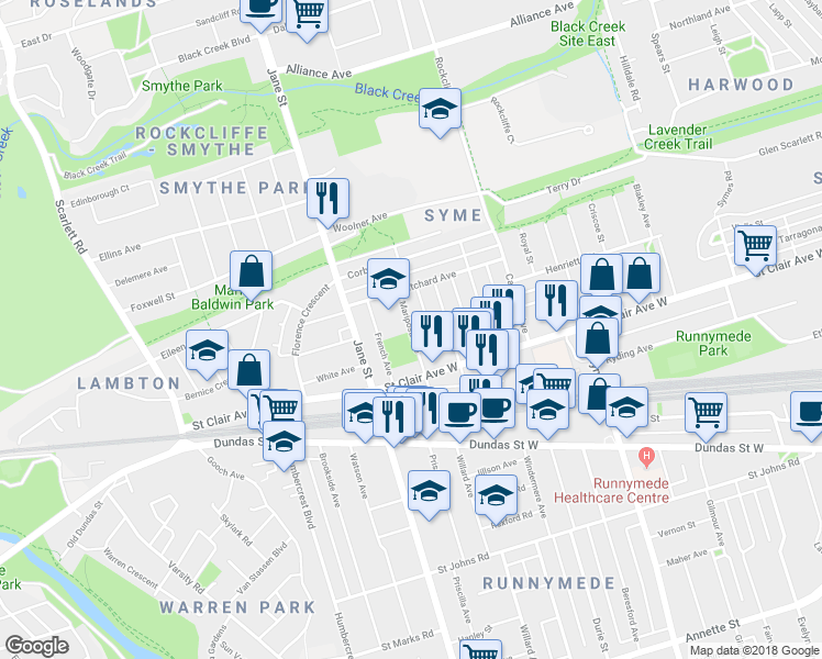 map of restaurants, bars, coffee shops, grocery stores, and more near 31 Mariposa Avenue in Toronto