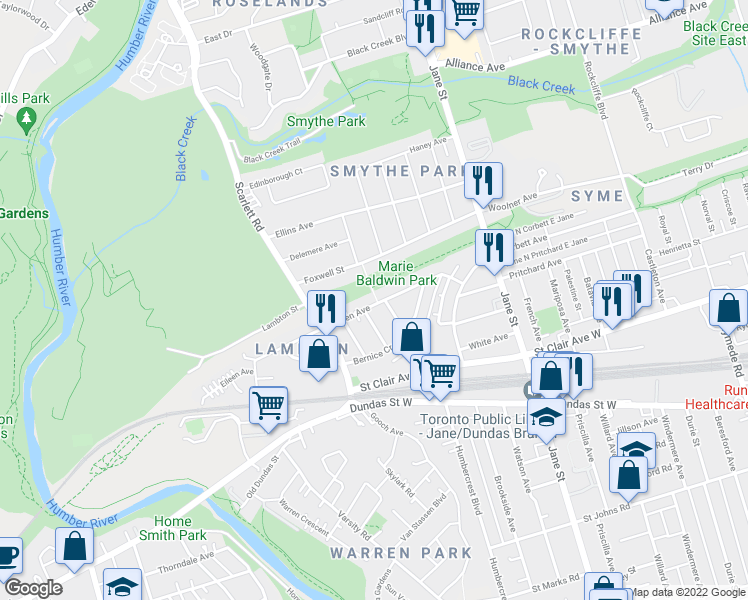 map of restaurants, bars, coffee shops, grocery stores, and more near 70 Eileen Avenue in Toronto