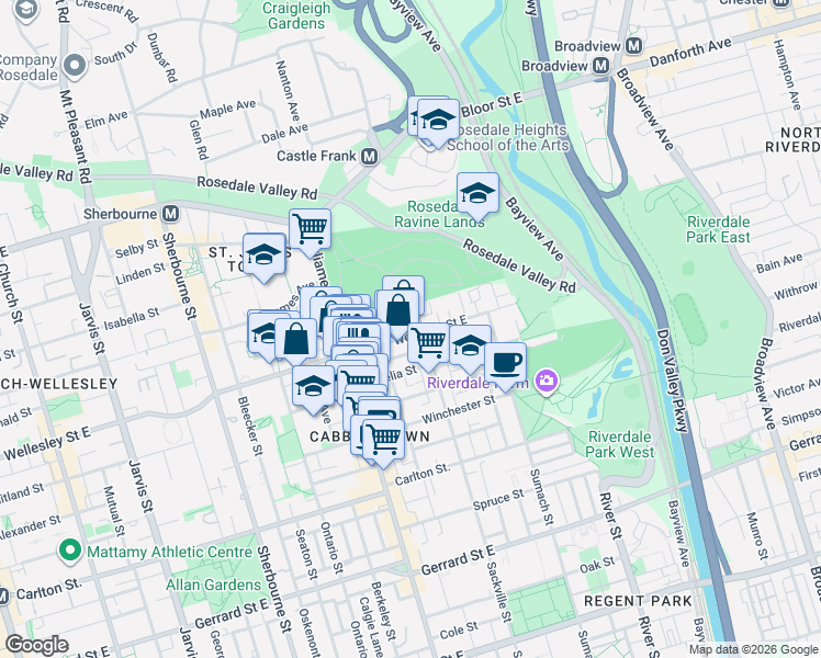 map of restaurants, bars, coffee shops, grocery stores, and more near 360 Wellesley Street East in Toronto