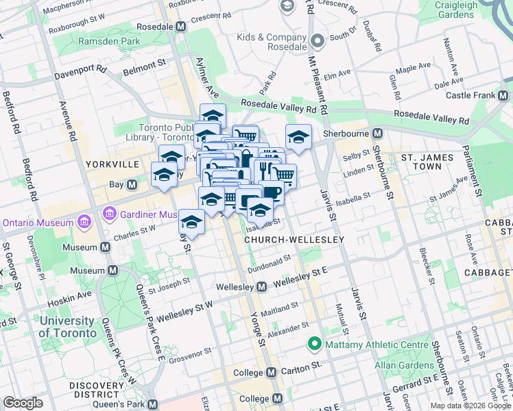 map of restaurants, bars, coffee shops, grocery stores, and more near 45 Charles Street East in Toronto
