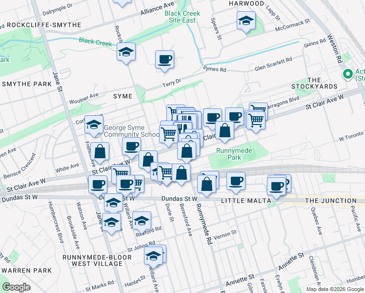 map of restaurants, bars, coffee shops, grocery stores, and more near 2461 Saint Clair Avenue West in Toronto