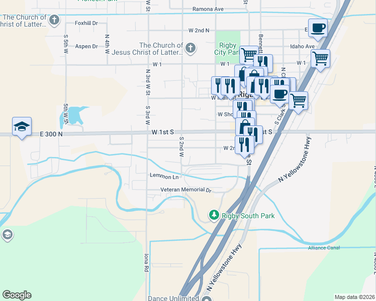 map of restaurants, bars, coffee shops, grocery stores, and more near 258 West 2nd South in Rigby
