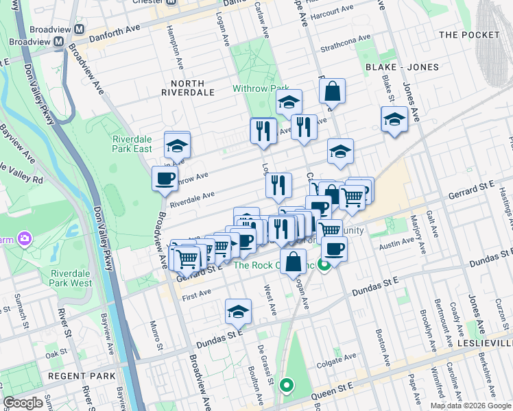 map of restaurants, bars, coffee shops, grocery stores, and more near in Toronto