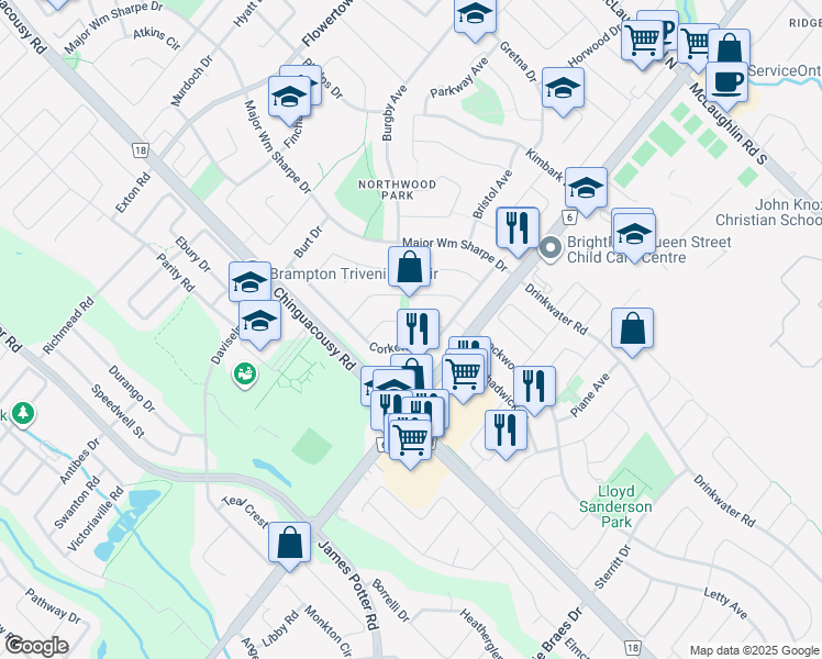 map of restaurants, bars, coffee shops, grocery stores, and more near 17 Garbutt Crescent in Brampton
