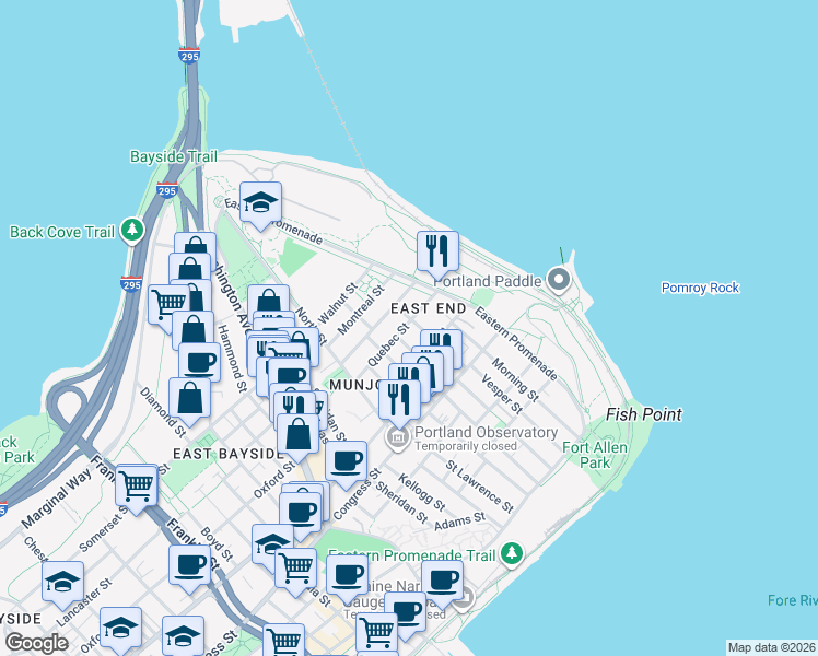map of restaurants, bars, coffee shops, grocery stores, and more near 34 Quebec Street in Portland