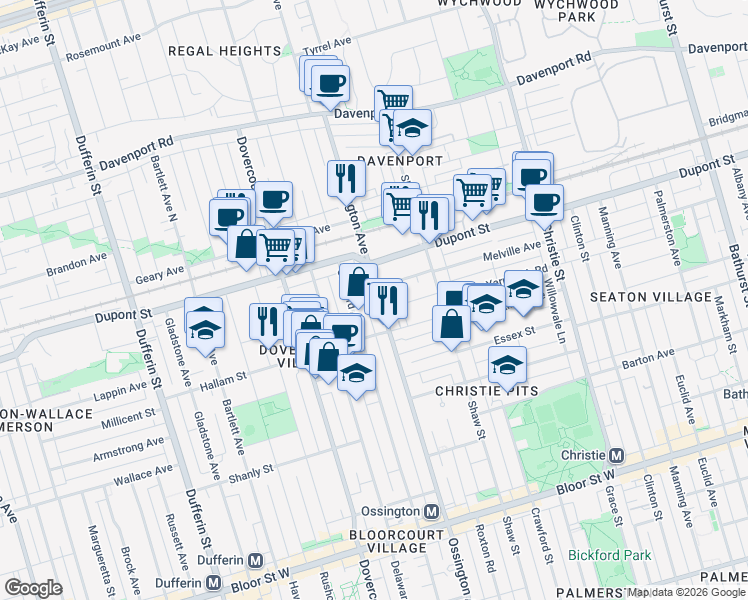 map of restaurants, bars, coffee shops, grocery stores, and more near 1012 Ossington Avenue in Toronto