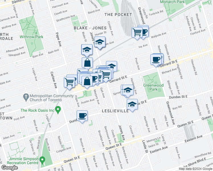 map of restaurants, bars, coffee shops, grocery stores, and more near 228 Jones Avenue in Toronto