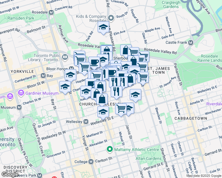map of restaurants, bars, coffee shops, grocery stores, and more near 550 Jarvis Street in Toronto