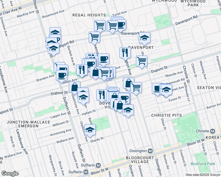 map of restaurants, bars, coffee shops, grocery stores, and more near in Toronto
