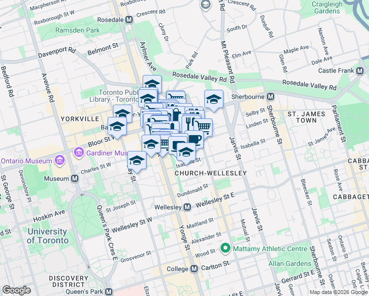 map of restaurants, bars, coffee shops, grocery stores, and more near 45 Charles Street East in Toronto