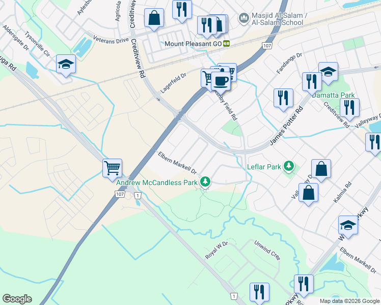 map of restaurants, bars, coffee shops, grocery stores, and more near in Brampton