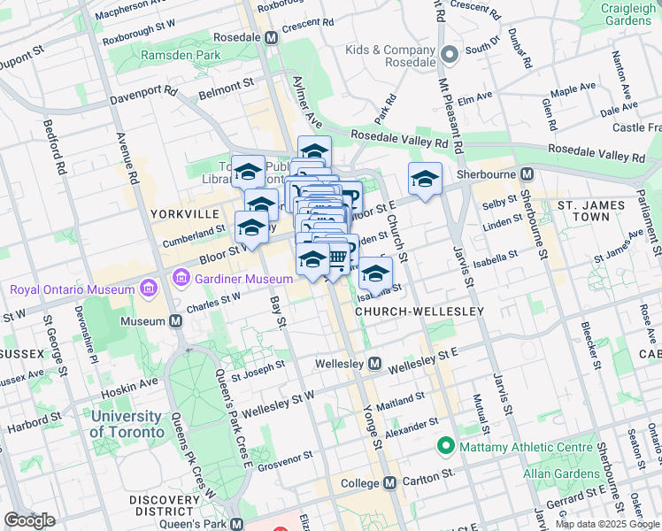 map of restaurants, bars, coffee shops, grocery stores, and more near 21 Bloor Street East in Toronto