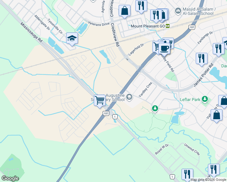 map of restaurants, bars, coffee shops, grocery stores, and more near 50 All Nations Drive in Brampton