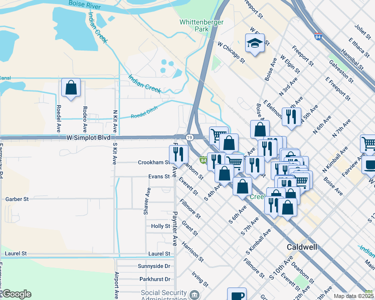 map of restaurants, bars, coffee shops, grocery stores, and more near 102 Cleveland Boulevard in Caldwell