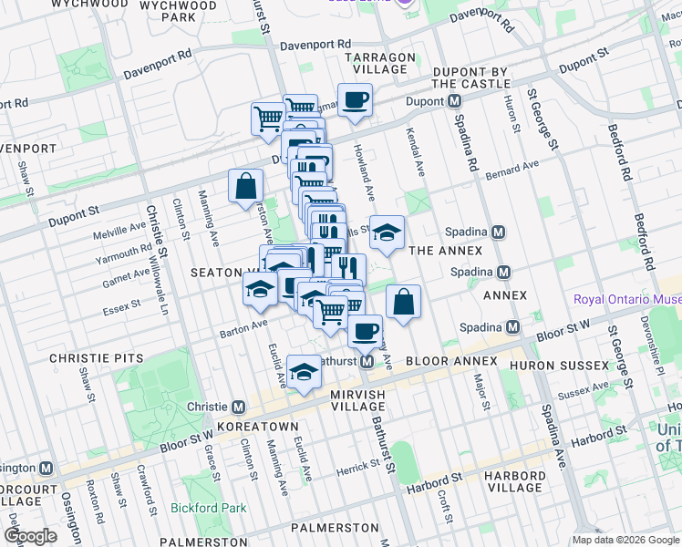 map of restaurants, bars, coffee shops, grocery stores, and more near 1/2 Bathurst Street in Toronto
