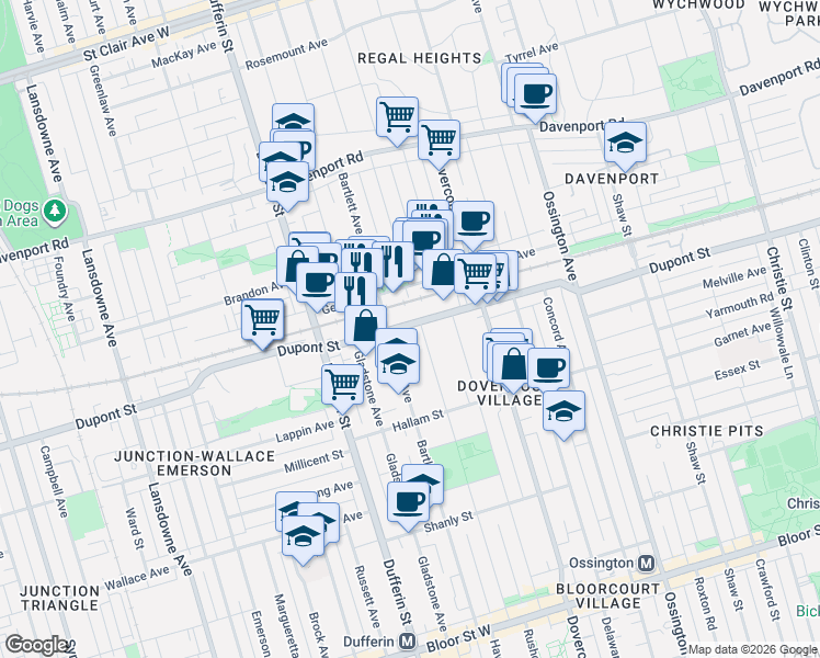 map of restaurants, bars, coffee shops, grocery stores, and more near 332 Salem Avenue in Toronto