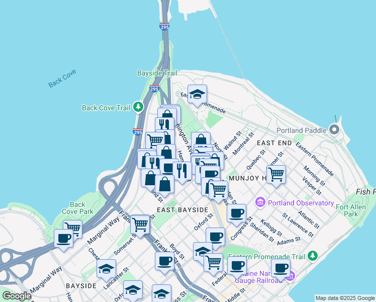 map of restaurants, bars, coffee shops, grocery stores, and more near 165 Washington Avenue in Portland