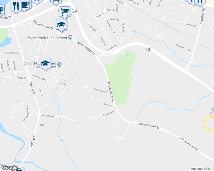map of restaurants, bars, coffee shops, grocery stores, and more near 343 Stroudwater Street in Westbrook