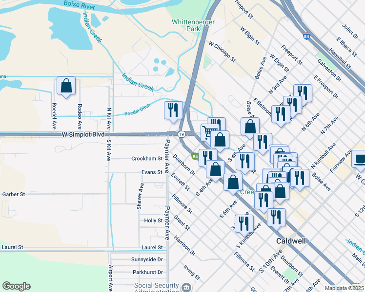 map of restaurants, bars, coffee shops, grocery stores, and more near 102 Cleveland Boulevard in Caldwell