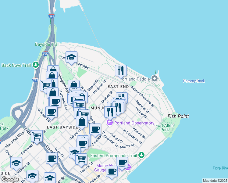 map of restaurants, bars, coffee shops, grocery stores, and more near 63 Emerson Street in Portland