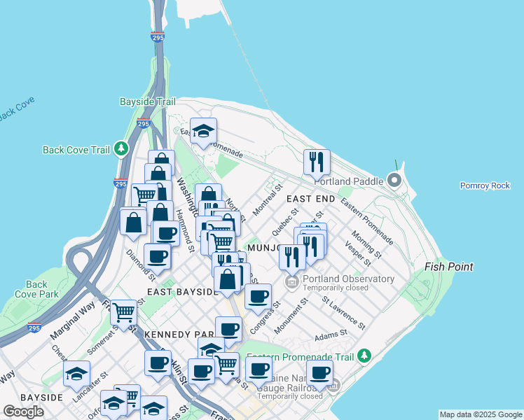 map of restaurants, bars, coffee shops, grocery stores, and more near 28 Montreal Street in Portland