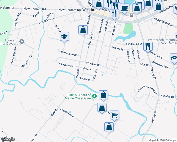 map of restaurants, bars, coffee shops, grocery stores, and more near 100 Prospect Street in Westbrook