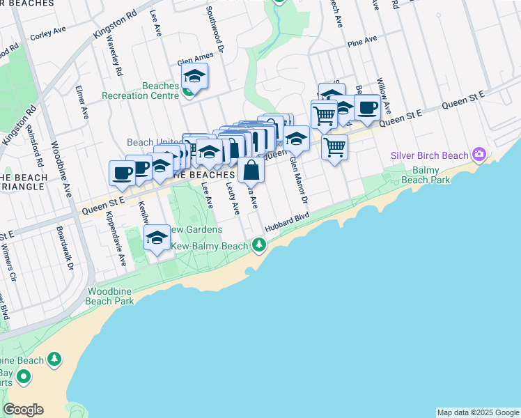 map of restaurants, bars, coffee shops, grocery stores, and more near 57 Wineva Avenue in Toronto
