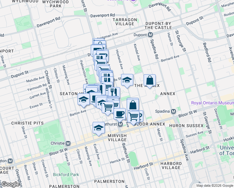 map of restaurants, bars, coffee shops, grocery stores, and more near in Toronto