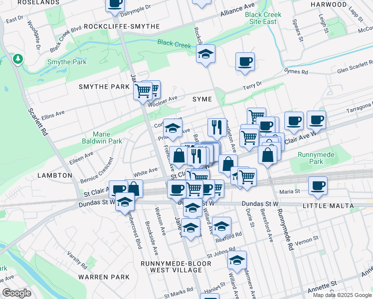 map of restaurants, bars, coffee shops, grocery stores, and more near in Toronto