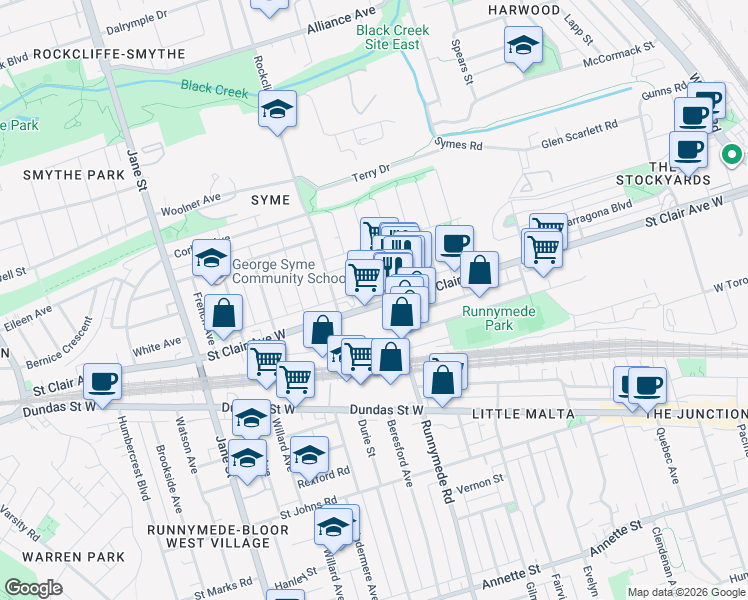 map of restaurants, bars, coffee shops, grocery stores, and more near 2480 Saint Clair Avenue West in Toronto