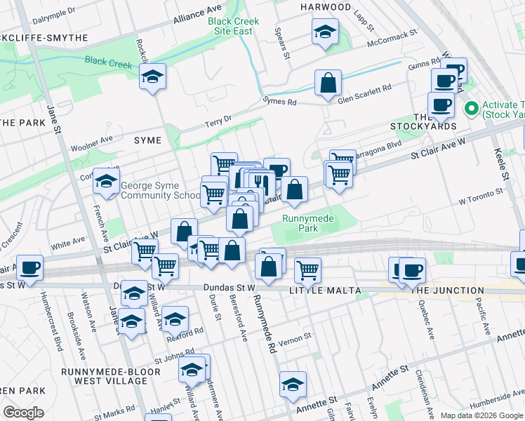 map of restaurants, bars, coffee shops, grocery stores, and more near 2413 Saint Clair Avenue West in Toronto