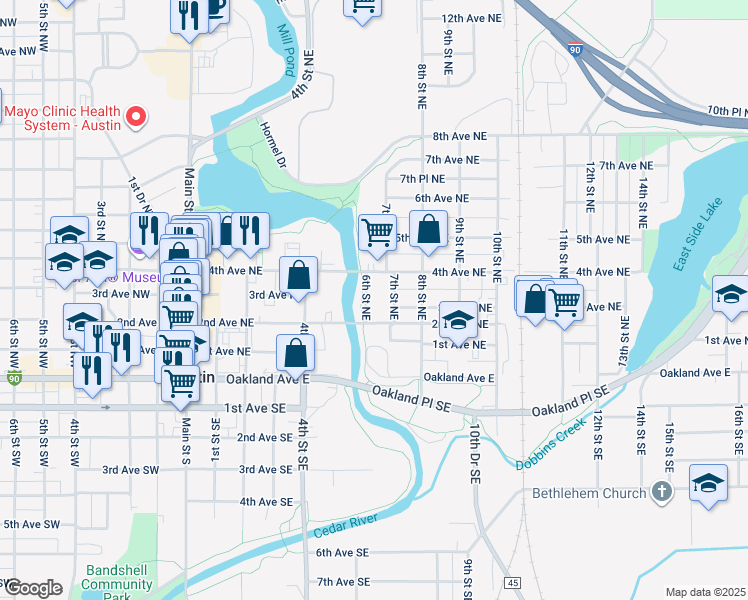map of restaurants, bars, coffee shops, grocery stores, and more near 400 6th Street Northeast in Austin