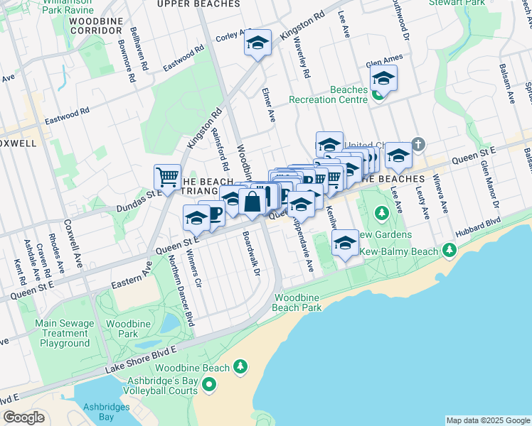 map of restaurants, bars, coffee shops, grocery stores, and more near 1911 Queen Street East in Toronto