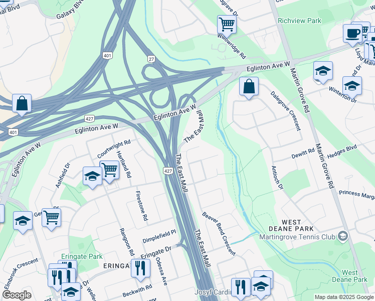 map of restaurants, bars, coffee shops, grocery stores, and more near 156 Beaver Bend Crescent in Toronto