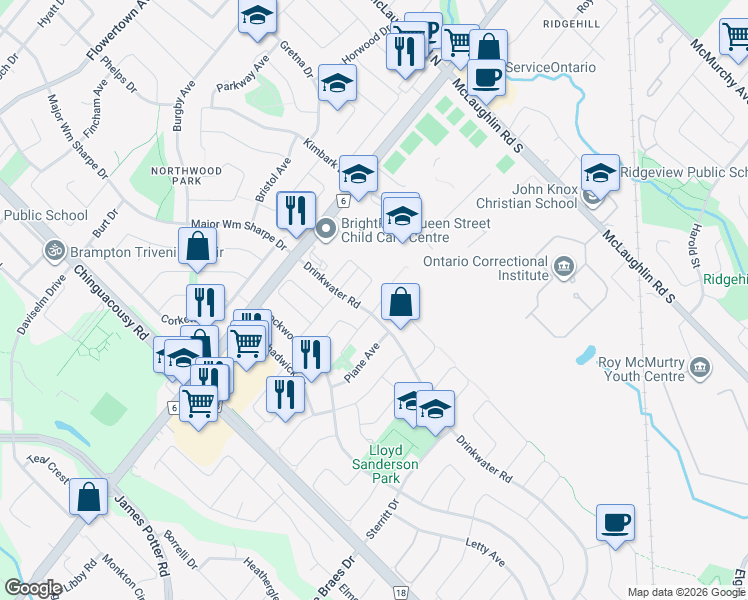 map of restaurants, bars, coffee shops, grocery stores, and more near 101 McCleave Crescent in Brampton