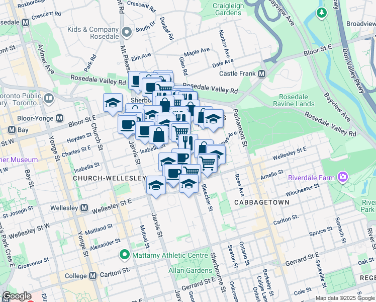 map of restaurants, bars, coffee shops, grocery stores, and more near 555 Sherbourne Street in Toronto