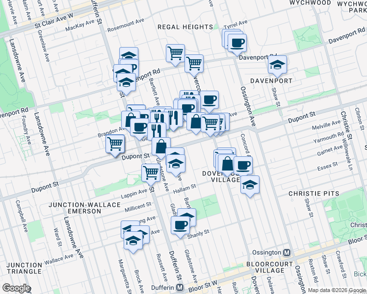 map of restaurants, bars, coffee shops, grocery stores, and more near 332 Salem Avenue in Toronto