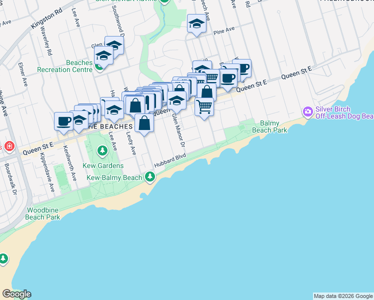 map of restaurants, bars, coffee shops, grocery stores, and more near 15 Glen Manor Drive in Toronto