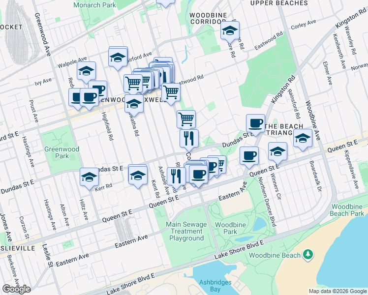 map of restaurants, bars, coffee shops, grocery stores, and more near 100 Coxwell Avenue in Toronto