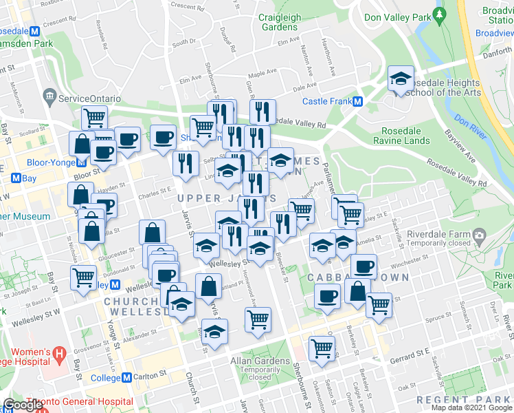map of restaurants, bars, coffee shops, grocery stores, and more near 555 Sherbourne Street in Toronto