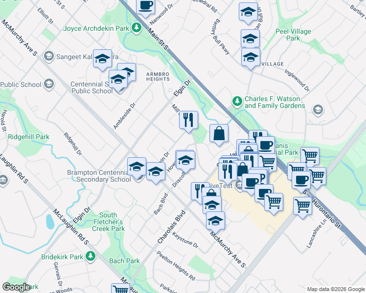 map of restaurants, bars, coffee shops, grocery stores, and more near 48 Howell Street in Brampton