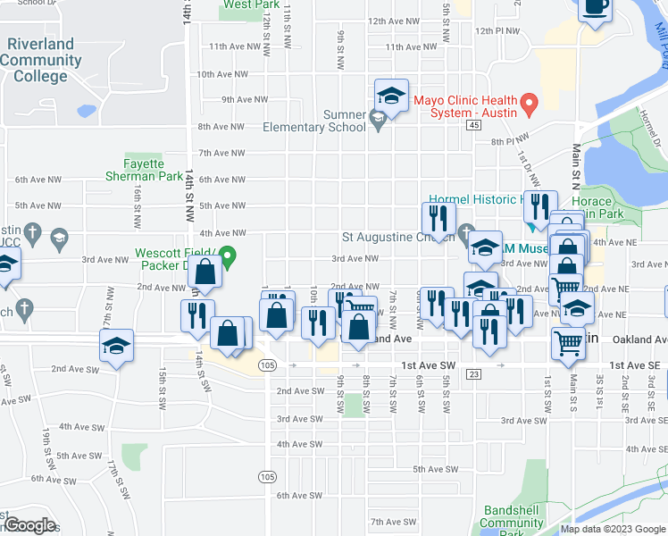 map of restaurants, bars, coffee shops, grocery stores, and more near 309 9th Street Northwest in Austin