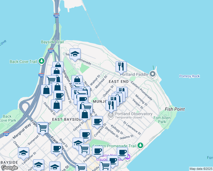map of restaurants, bars, coffee shops, grocery stores, and more near 40 Melbourne Street in Portland