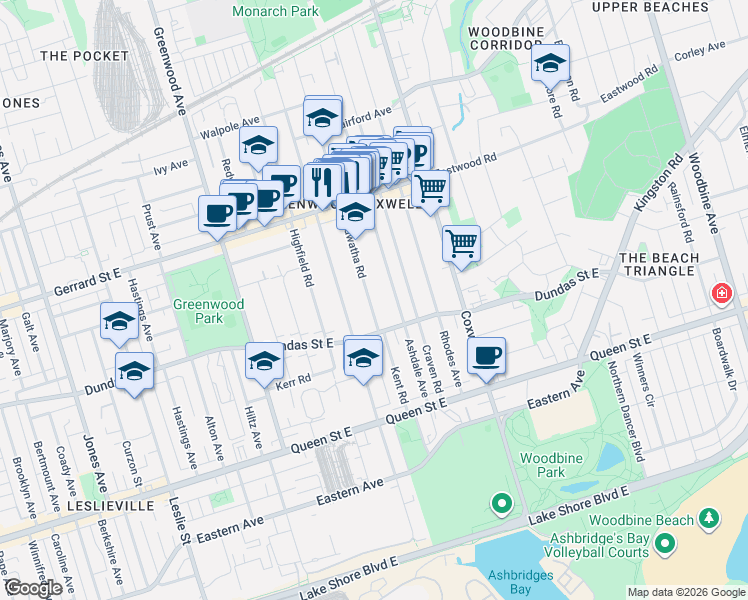 map of restaurants, bars, coffee shops, grocery stores, and more near 19A Hiawatha Road in Toronto